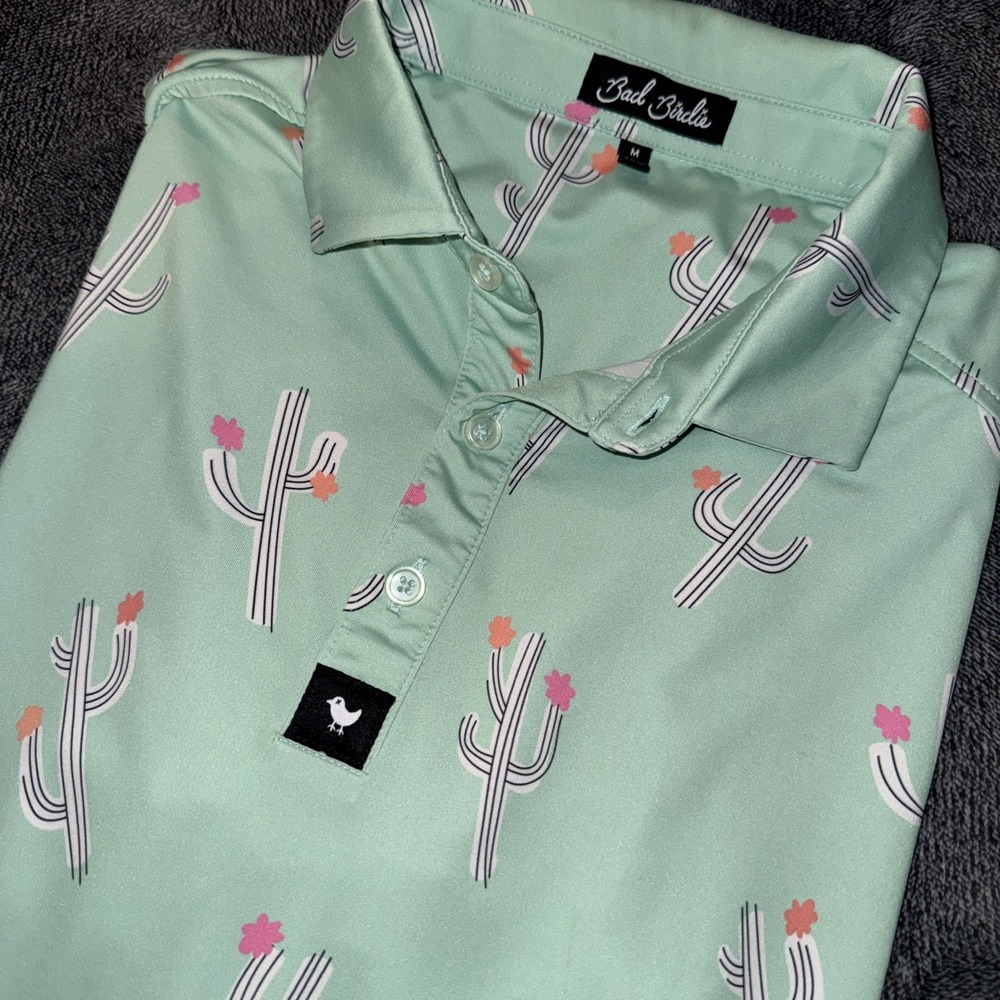 Bad Birdie Mens Cactus Print Golf Polo Shirt Mint Green Short Sleeve Size M‎